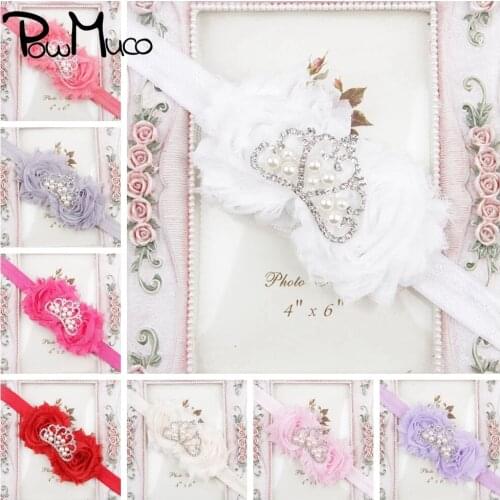 Powmuco Toddler Fashion Pearls Rhinestone Crown Headband Solid Color Handmade Flowers Elastic Hairband Infant Floral Headwear