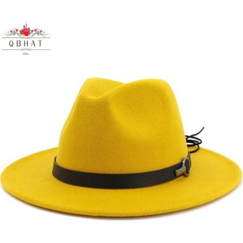 QBHAT Women Men Wide Brim Wool Felt Jazz Fedora Hats Panama Style Cowboy Trilby Party formal Dress Hat Large Size Yellow white