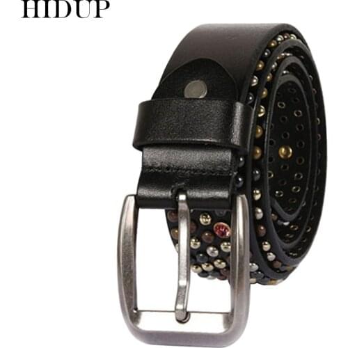 HIDUP Top Quality Cow Skin Leather Fashion Rivet Nails Belts Unique Design Pin Buckle Metal Belt for Unisex Accessories NWJ540