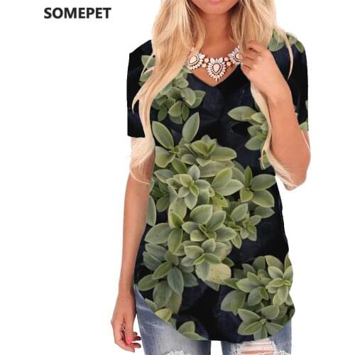SOMEPET Natural T Shirt Women Leaf Shirt Print Creativity Funny T shirts Harajuku V-neck Tshirt Womens Clothing Hip hop Cool