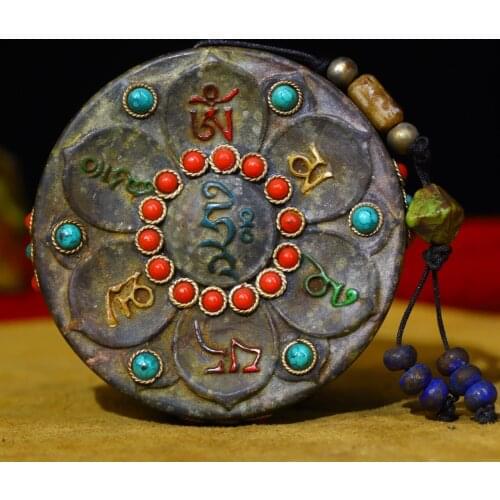 Tibetan Buddhist handmade Dzi Bead Amulet,Inlaid with semi-precious stones Buddha brand