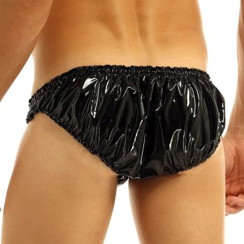Mens Latex Underwear Gay Lingerie Wet Look Leather Frilly Ruffled Low Rise High Cut Sissy Briefs Underwear Jockstraps Panties