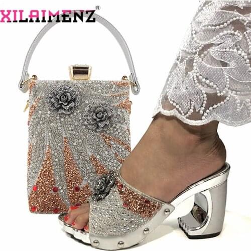 Silver Color Comfortable Heels2020 African Shoes with Matching Bag for Woman Nigerian Shoes and Bag Set with Crystal