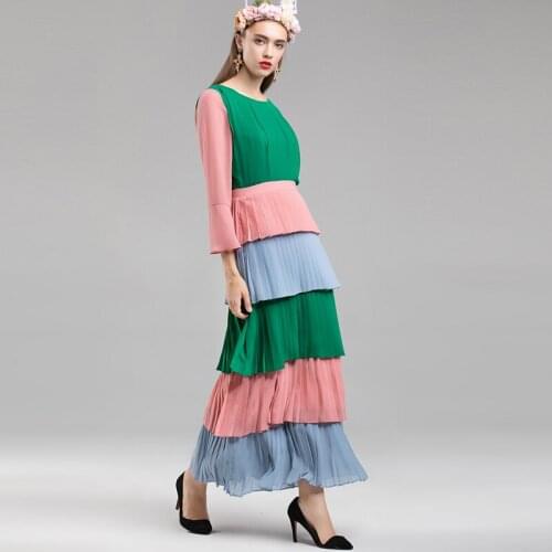 VERDEJULIAY Runway Party Dress 2020 Spring Autumn New Fashion Designer Contrast Color Cascading Ruffles Pleated Maxi Long Dress