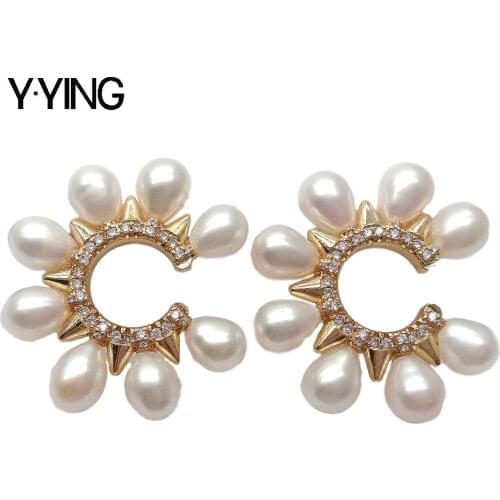 Y·YING Freshwater White Rice Pearl Punk Ear Cuff Earrings No Ear Piercing Jewelry hiphop style for women
