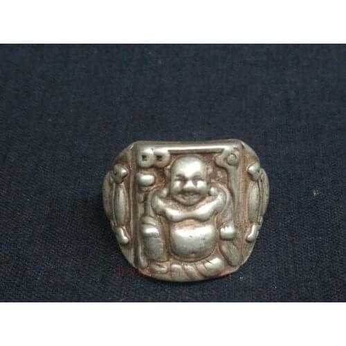 YIZHU CULTUER ART Old Collection China Tibet Silver Carving Happy Maitreya Buddha Statue Ring Wonderful Decoration Gift
