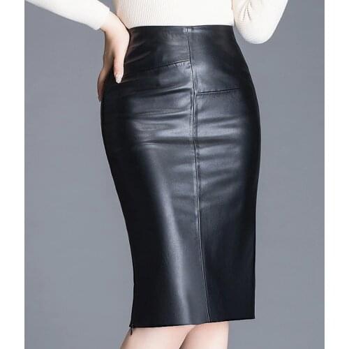 Women Sheepskin Skirt Wrap Hip Leather Over The Knee Leather Skirt Female High WaistSexy Split Package Hip Skirt Plus Size W532