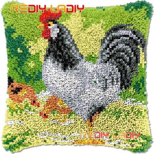 Latch Hook Cushion Cock with Hens DIY Needlepoint Kits Chunky Acrylic Yarn Arts Crocheting Lofty Pillow Case Hobby & Crafts
