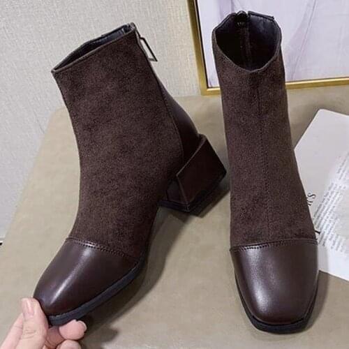 Heeled Ankle Boots for Women 2021 Autumn Fashion Flock Solid Shoes Women Zip Booties Casual Shoes Pumps Size 42