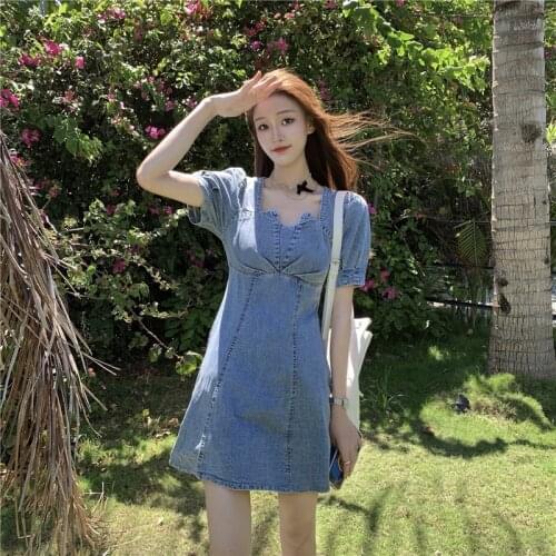 Simple Shorts Women Dress Square Neck Vintage Female Retro Puff Sleeve Denim Jeans Summer Straight A-Line Ladies Blue Mini 2021