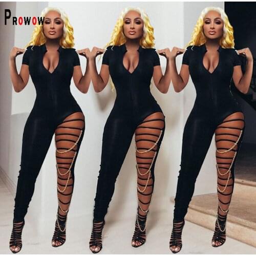 Prowow Sexy Women Jumpsuits Hollow Out Broken Hole Fashion Chain Romper for Lady 2021 Summer Fall Black Female Bodycon Clothes