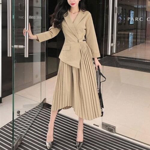 VSUE Women Elegant Asymmetrical Solid Color Irregular Long Sleeve Belt Blazer Pleated A-Line Mid-Calf Dress D3044