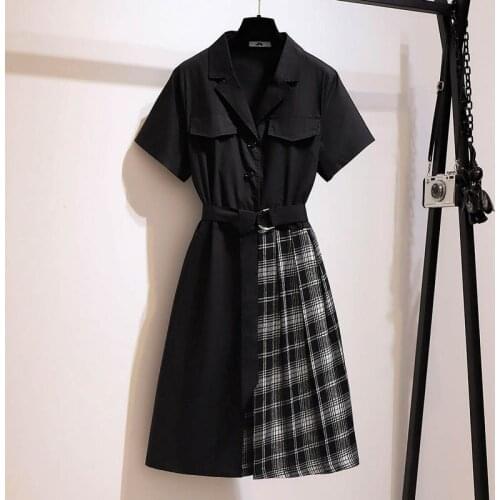 Summer cotton dress women plus size bust 150cm 5XL 6XL 7XL 8XL 9XL notched plaid dress women black color