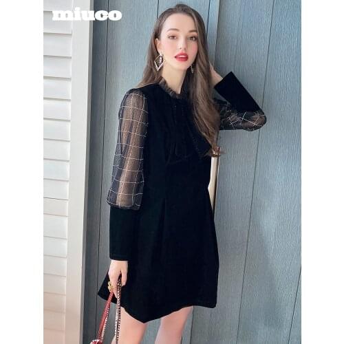 Lace collar stitching open line Plaid mesh bubble sleeve retro waist dress womens wear 2021 High Quality Top Quality