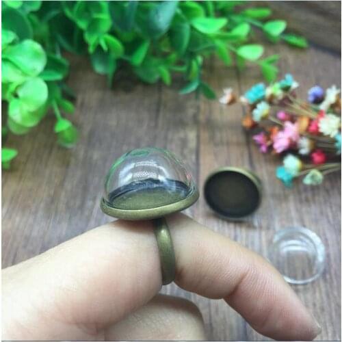 5sets vintage bronze tone alloy round cameo setting tray 20mm glass dome, glass cover charm ring jewelry finding