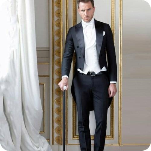 Black Tailcoat Men Suits Groom Wedding Tuxedos Formal Party Groom Wear 3Piece Vintage Costume Homme Terno(coat+pant+white vest)