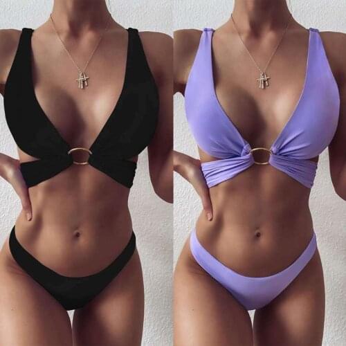 Women Sexy 2 Pieces Solid Color Bikini Set V-Neck O-Ring Cross Bandage Swimsuit L43E