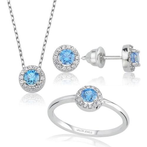 Valori Jewels 1 Carat, Zirconia Fancy Blue And White Round Gemstone, Rhodium Plated, Sterling Silver Trio Set