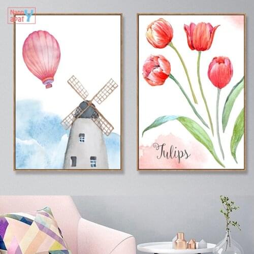 Red Tulip Canvas Painting Hot Air Balloon Windmill Poster Nordic Living Room Decoration Wall Art Print Picture Modern Home Decor