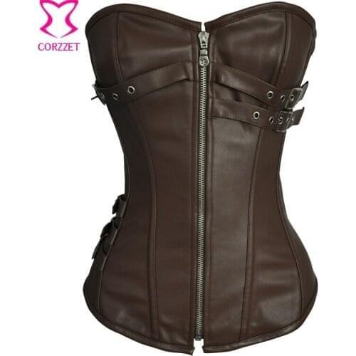 Zipper Brown Leather Bustier Corset Gothique Sexy Corpetes E Espartilhos Plus Size Steampunk Clothing Corselet Overbust S-6XL