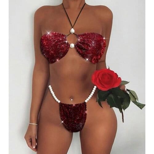 2021 Sale Summer Sexy Bikini Set Women Halter Diamond Split Swimsuit Two Pieces Push Up Bandeau Thong Brazilian Biquini Swimwear