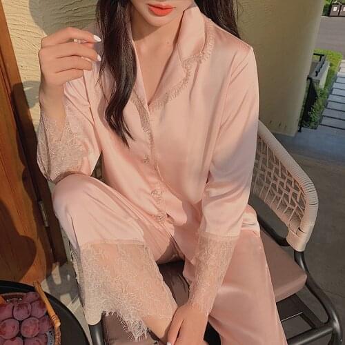 Summer satin ice silk sexy lace pajamas sets women sleepwear sweet pink elegant long sleeve pyjamas women 99140