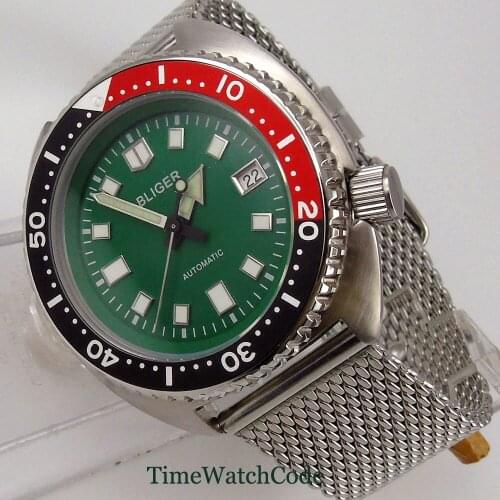 Green Dial Mens Watch Japanese Genuine NH35A Automatic Movement 45mm Sapphire Glass Date Mesh Strap Green Lume Aluminum Bezel