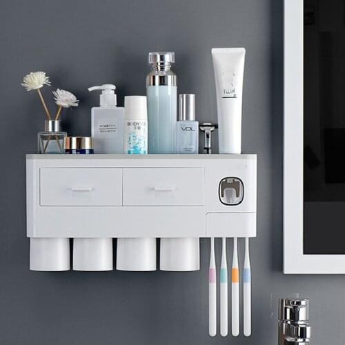Wall-Mounted Magnetic Suction Cup Toothbrush Rack With Toothpaste Extractor Bathroom Storage Organizer No Hole Installation