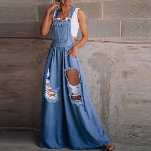 2021 Autumn new Side Pocket Denim Jumpsuit Casual Sleeveless Lady Solid Wide Leg Overalls Fashion Ripped Hole Jean Romper Stre