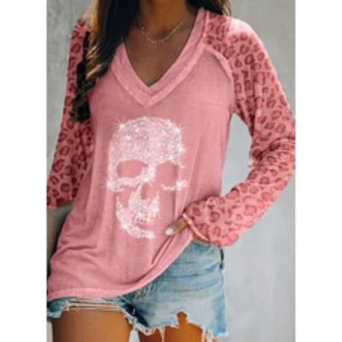 Skull Print V-neck Long Sleeve Tee Shirts Women Fashion Leopard Loose Top Famale Summer Clothing Punk Letter Tshirts 2021