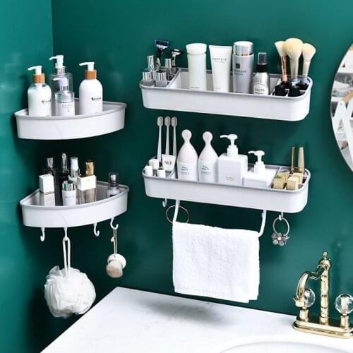 Bathroom Shelf Triangle Storage Rack With Hooks And Towel Bar For Kitchen Organizer For Bathroom Accessories Plastic Container