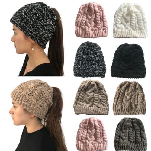 New Women Ponytail Stretch Knitled Crochet Hat Messy Bun Beanie Holey Warm Hats Winter