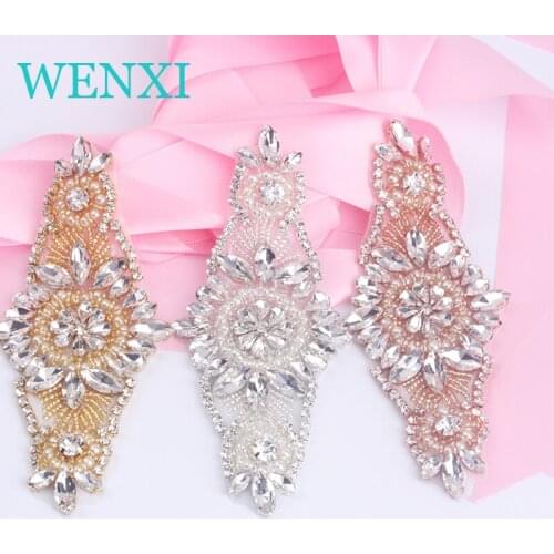WENXI 30PCS Wholesale Hand Beaded Bridal Sewing Rose Gold Clear Crystal Rhinestone Appliques Patch For Dress DIY Iron On WX861