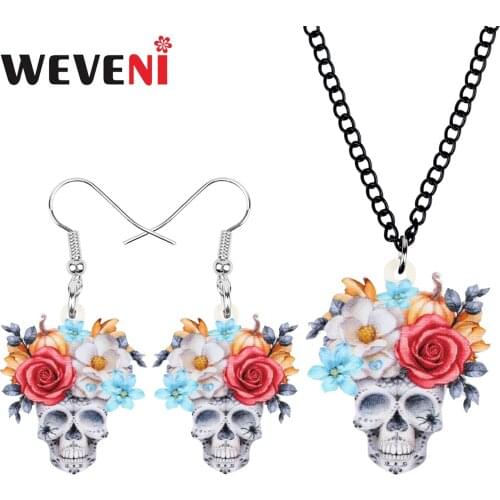 WEVENI Acrylic Halloween Elegant Skull Jewelry Sets Flower Aesthetic Earrings Necklace For Women Girls Kid Charm Gift Decoration
