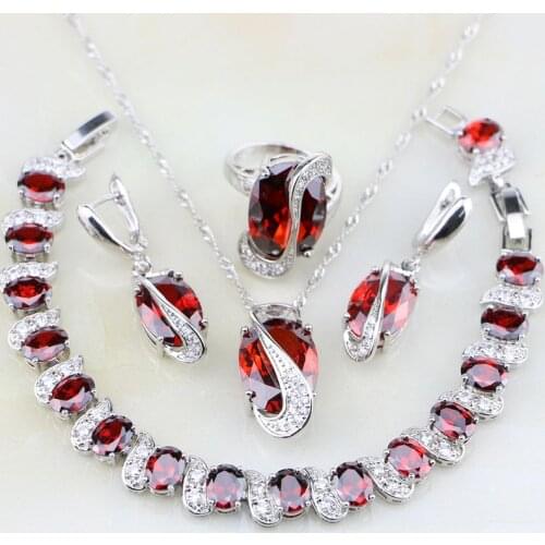 925 Sterling Silver Jewelry Red Zircon White CZ Jewelry Sets For Women Wedding Necklace/Earrings/Bracelet/Pendant/Ring