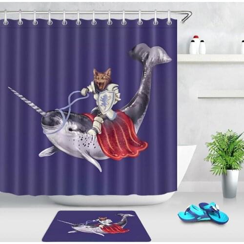 Knight Cat Unicorn Shark Bath Shower Curtain Creative Animal Fabric Shower Curtains For Bathroom Screen Decoration Non-slip Mat