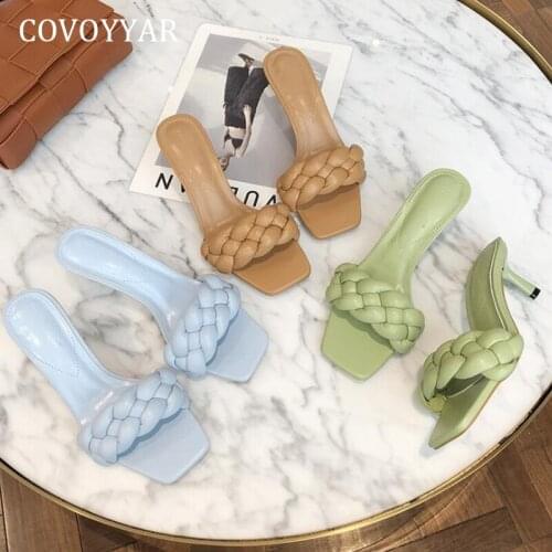 COVOYYAR 2020 Design Weave Women Slippers Summer Women Shoes Mules Thin High Heel Sandal Ladies Slip on Slides Flip Flops WSL180