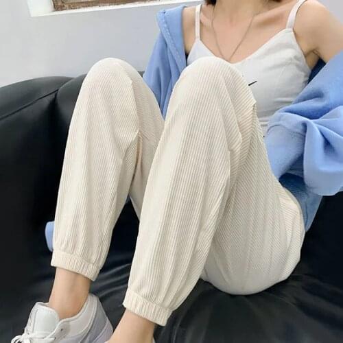 Womens Cropped Trousers Harajuku Joggers Casual Streetwear Drawstring Wide High Waist Capri Harem Pants Loose Trend Ribbed