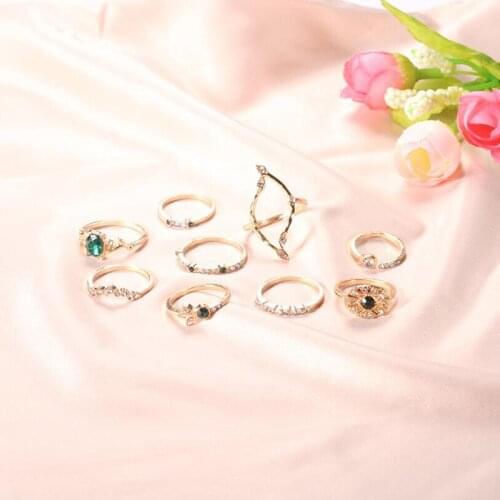 9Pcs/Set Bohemia Green Crystal Knuckle Rings Crystal Stone Joint Finger Tip Rings Sets Women Geometric Jewelry Gift