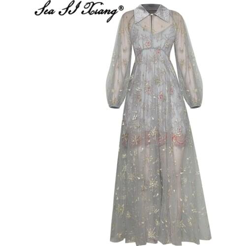 Seasixiang Fashion Designer Summer Mesh Maxi Dress Womens Beading Lantern Sleeve Floral Embroidery Vacation Long Dresses