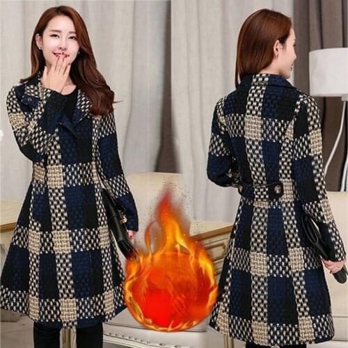 Plaid Wool Winter Jacket Women Thick Warm Casual Mid-Long Coat Stand Collar Slim 2021 New Woolen Coat Outerwear Female X202