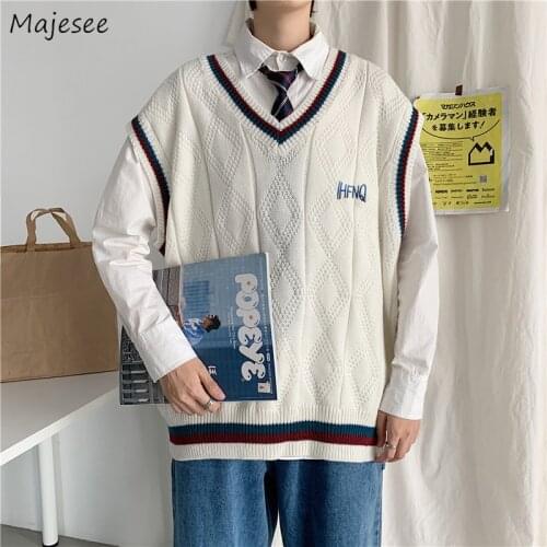 Men Sweater Vest V-Neck Print Letter Embroidery Cool Trendy Males Leisure Chic Loose Student Korean Style Street Outwear Couple