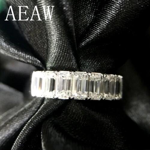 AEAW Solid 14K 585 White Gold Emerald Baguette 2Ctw F Color Engagement Band Ring Wedding Moissanite Half Eternity Band For Women