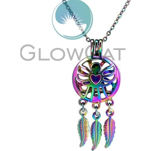 CC826 Rainbow Dream Catcher Feather Angel Girl Beads Cage Pendant Essential Oil Diffuser Aroma Pearl Cage Locket Necklace