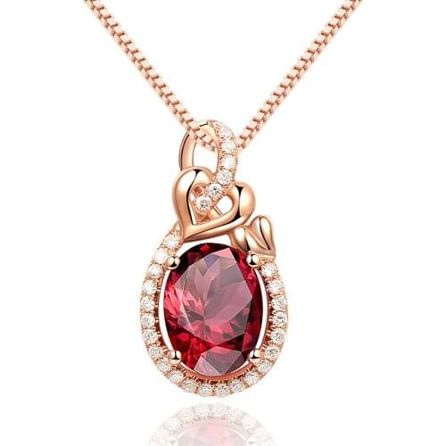 18K ROSE GOLD TONE SILVER RED CRYSTAL RUBY GEMSTONES DIAMONDS PENDANT NECKLACES FOR WOMEN CHOKER CHAIN JEWELRY BIRTHDAY GIFTS