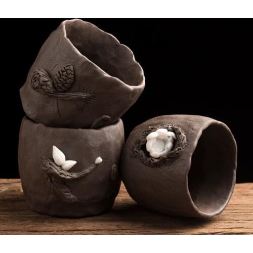 Rough pottery tea cup handmade products tea cup creative relief Cangsong large single cup kungfu tea set tea cup Master Cup