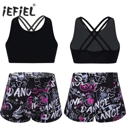 Kids Girls Sport Outfits Dancewear Stretchy Sport Crop Top with Bottoms Shorts Hot Pants For Workout Ballet Dance Gymnastics
