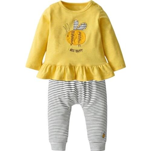 2Pcs Newborn Baby Girl Clothes Outfits Set Cotton Long sleeve Bee Pattern Tops+Casual Stripe Pants Infant Clothing Suit