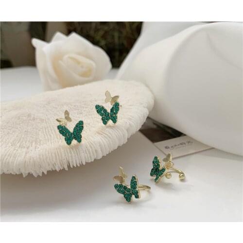 Girls Fairy Green Butterfly Ear Clips Cubic Zircon Shiny Korean Earrings