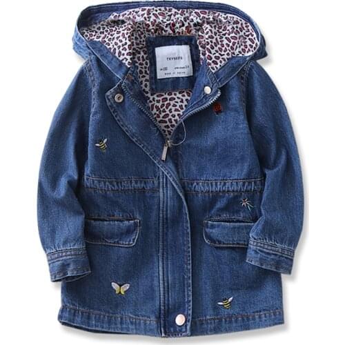 Fashion Girl Jeans Jacket Kids Butterflies Hooded Jacket Outerwear Spring Autumn Child Coat Long Denim Jackets For Girl 3-11 Yrs